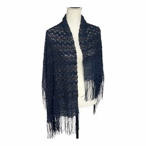Elegant Knit Navy Lace Shawl with Fringe